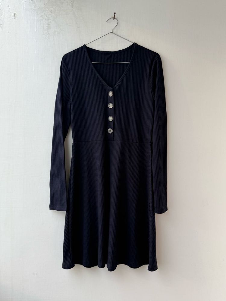 Blue Ribbed Long Sleeve Dress