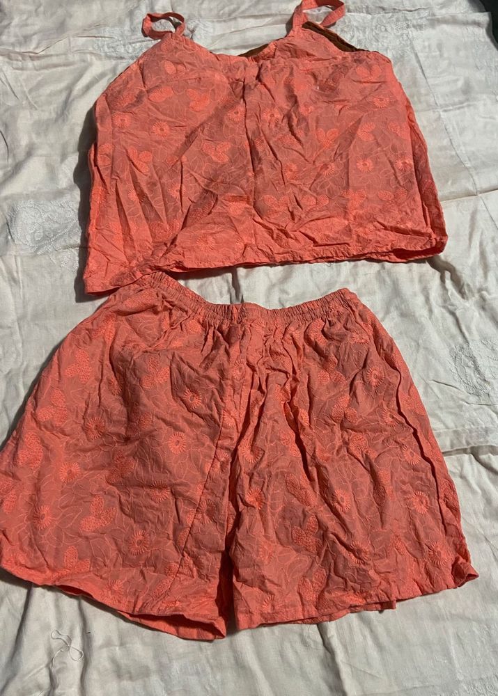 Coral Embroidered Tank Top Set