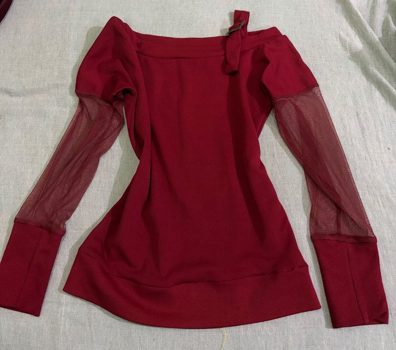 Chic Maroon Top with Mesh Sleeves