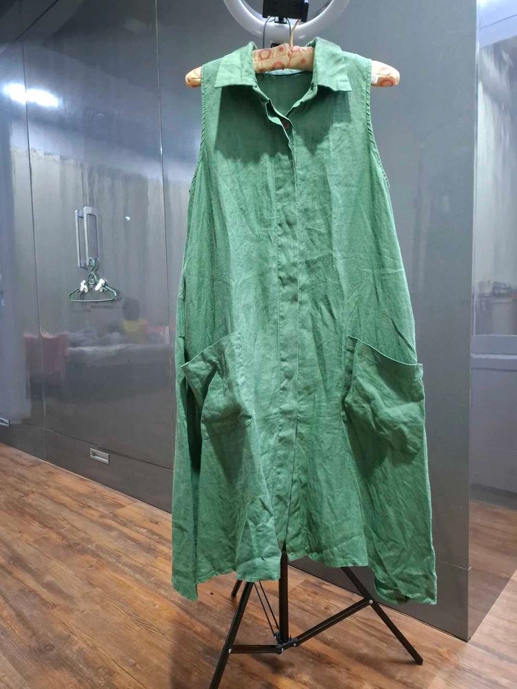 linen Green Sleeveless Collared Tunic Dress