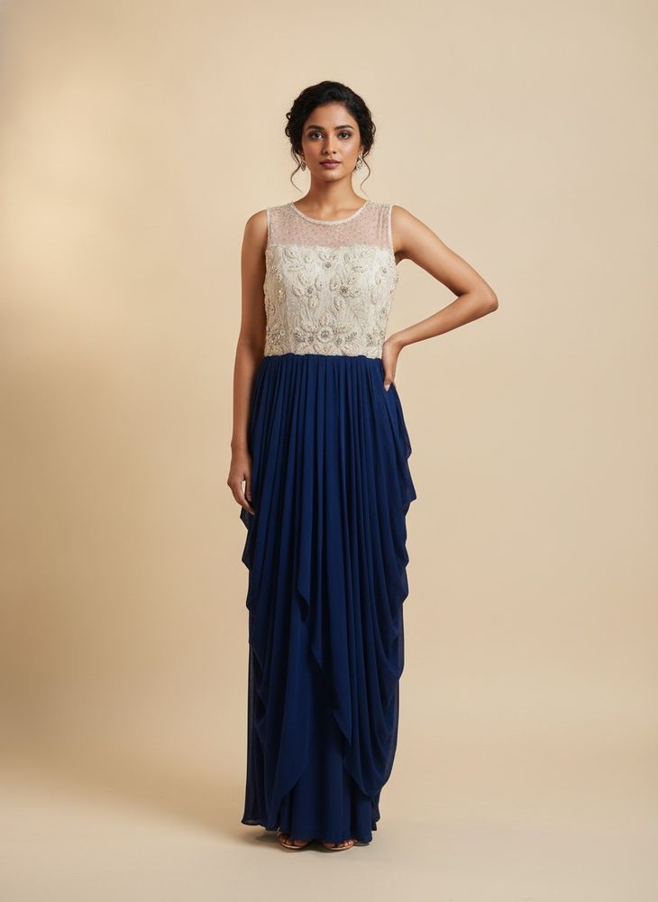 Elegant Blue &amp; White Embellished Gown