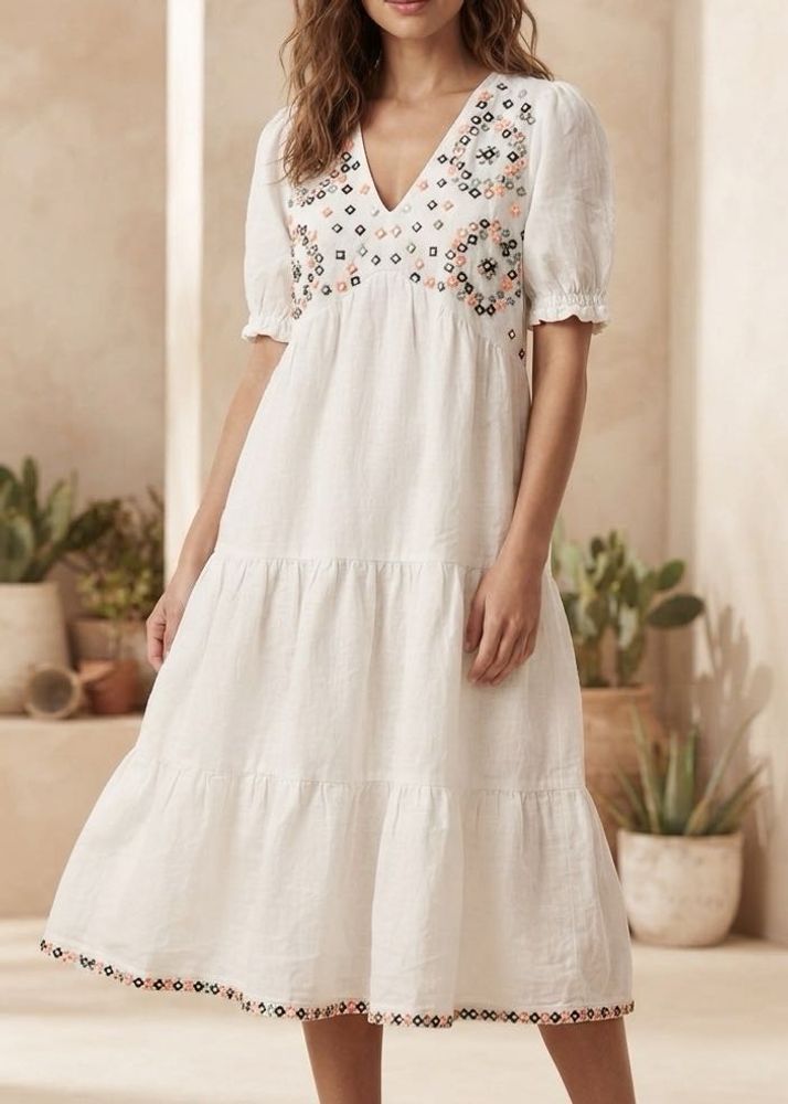 White Embroidered Midi Dress