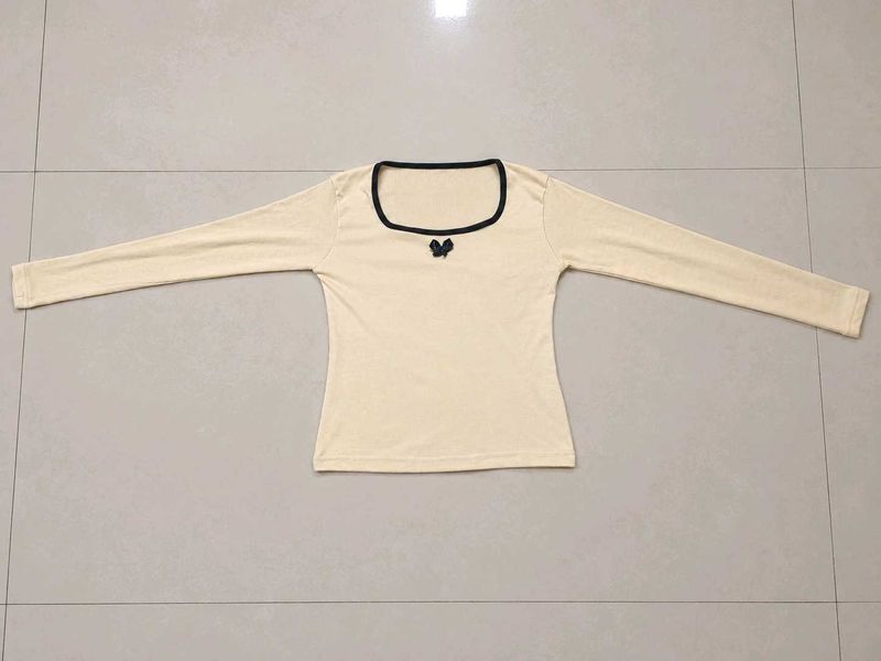 Cream Long Sleeve Top with Bow Detail