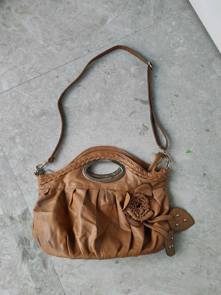Chic Tan Leather Shoulder Bag with Flower Detail