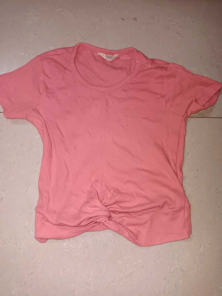 Coral Pink Twist Hem T-Shirt