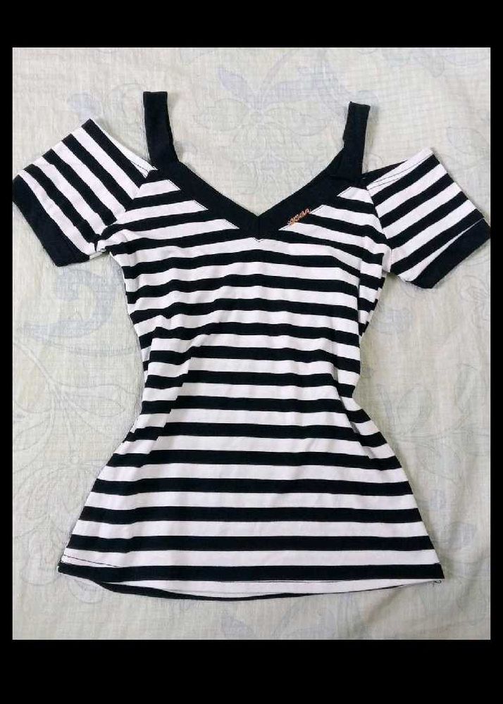 Striped Cold Shoulder V-Neck Top