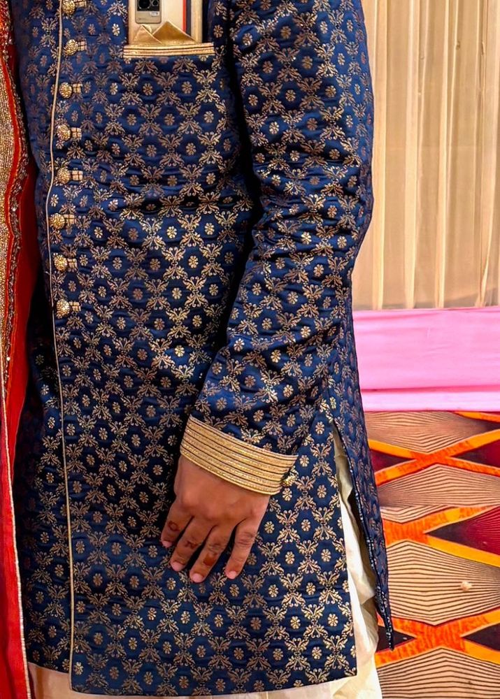 Men's Navy Brocade Shervani