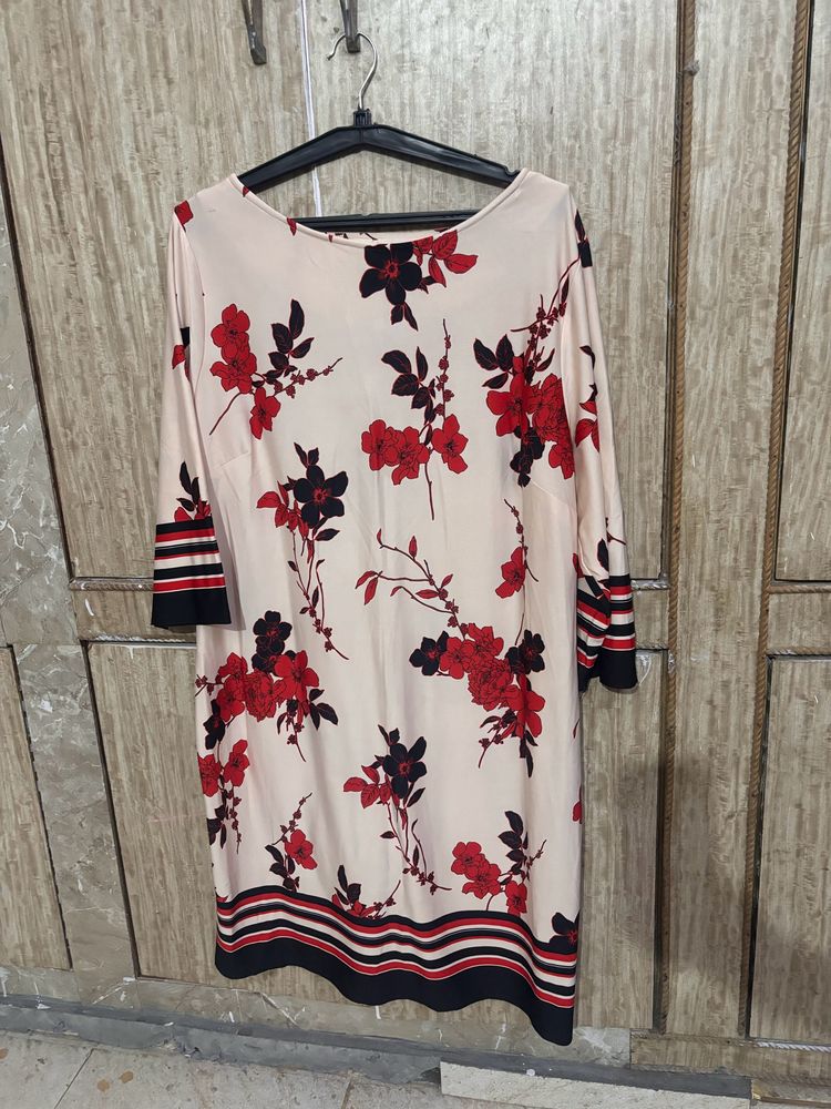 Boat Neck Cream Color Flower Printed  Dress