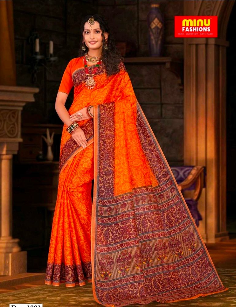 Vibrant Orange Printed Saree