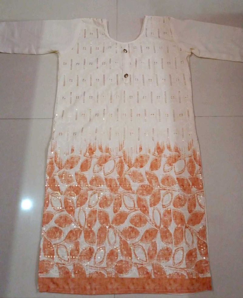Elegant White Kurta with Orange Leaf Print