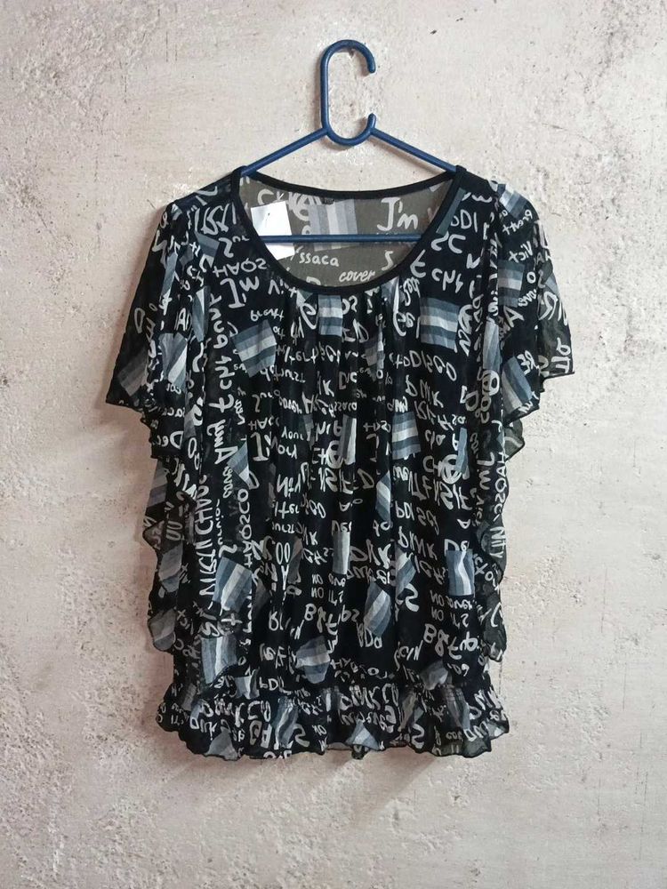 Sheer Graphic Print Ruffle Top Oversized