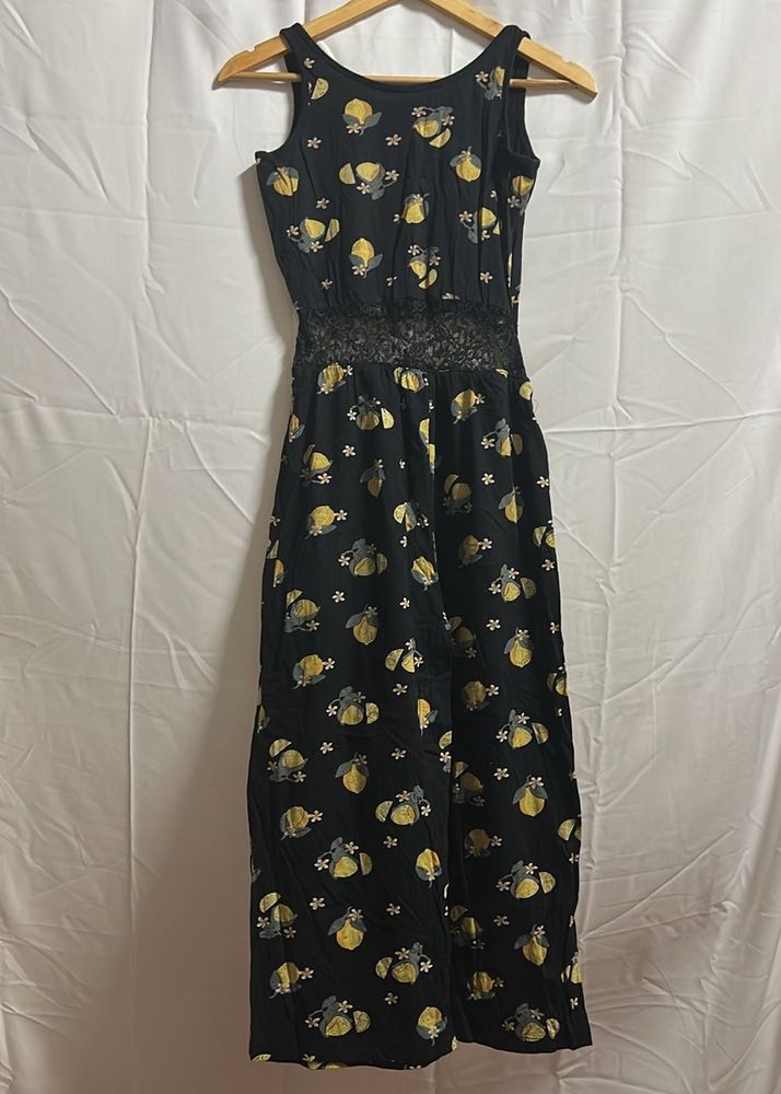 Black Lemon Print Lace-Waist Jumpsuit