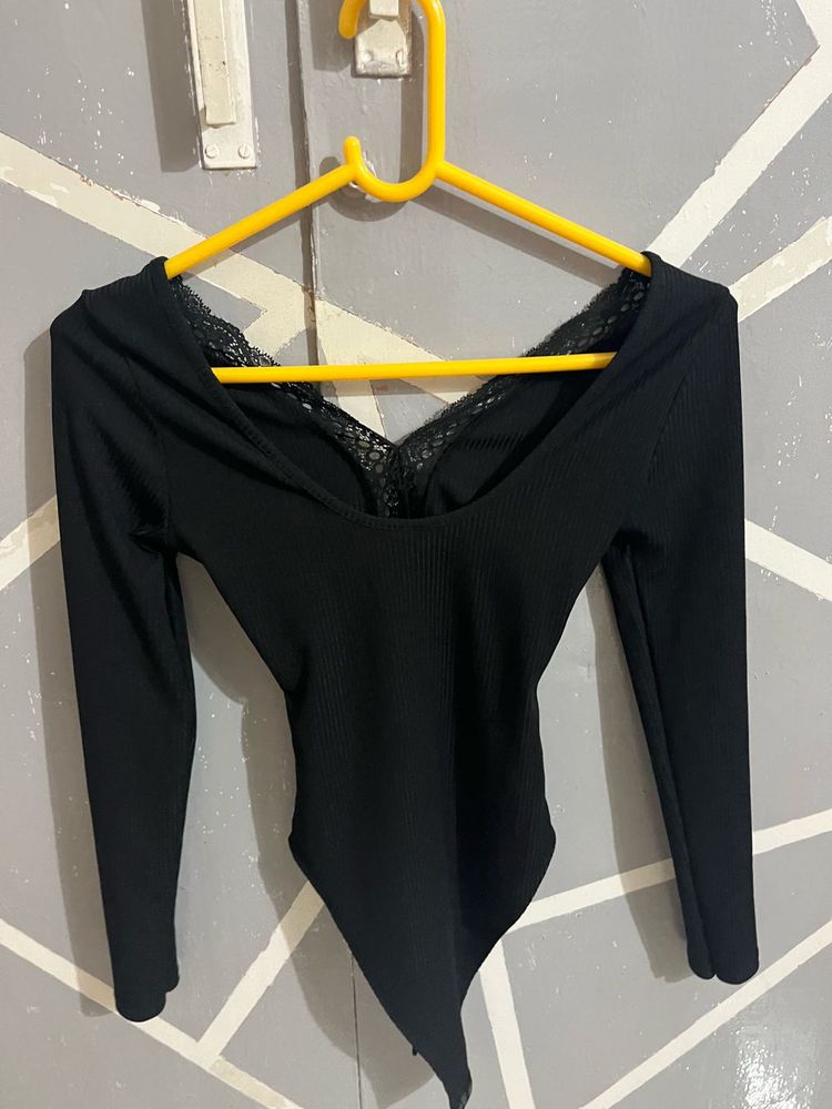 Chic Black Lace Trim Bodysuit
