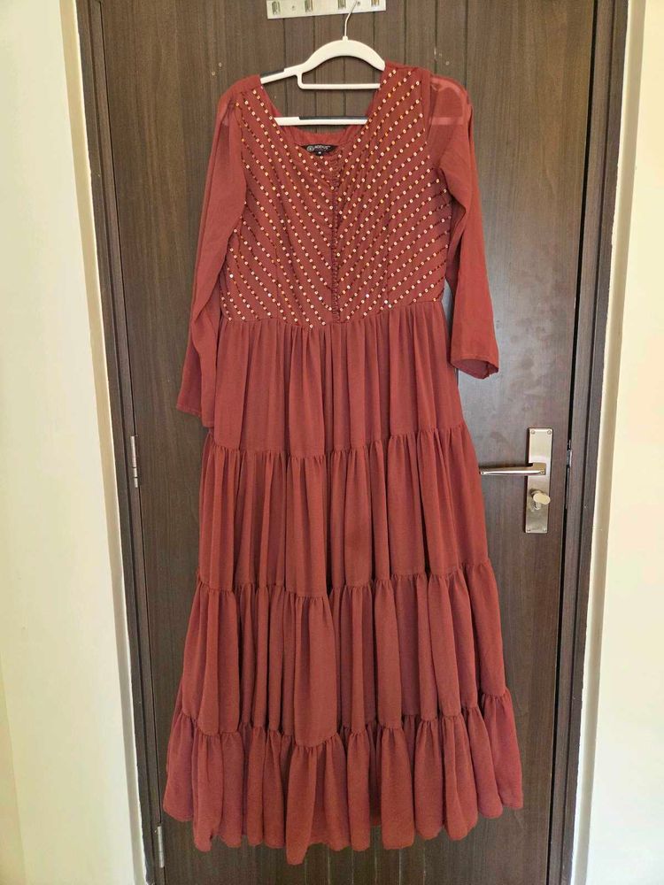 Maroon Tiered Gown with Embellished Bodice