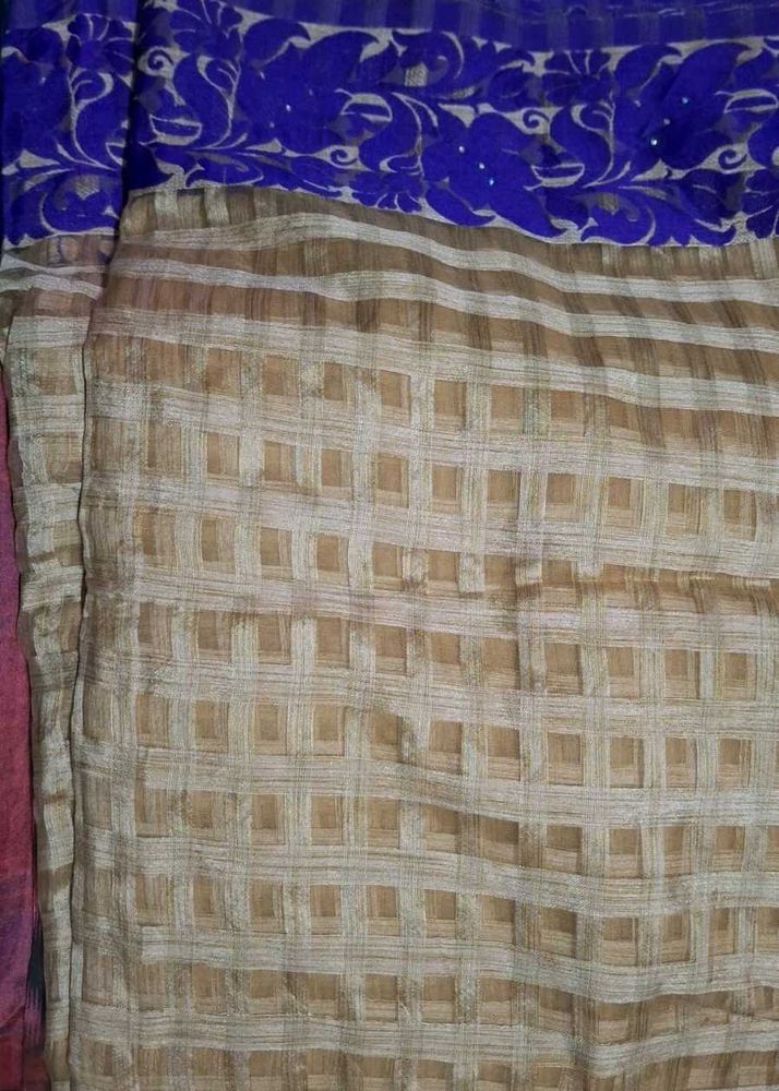 Cream Checked Saree with Royal Blue Floral Border