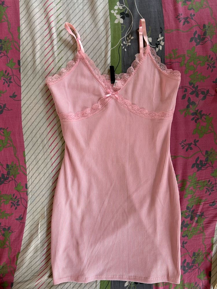 baby pink bodycon ribbed lace trim dress from h&amp;m