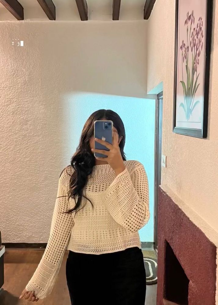 Cream Crochet Bell Sleeve Top