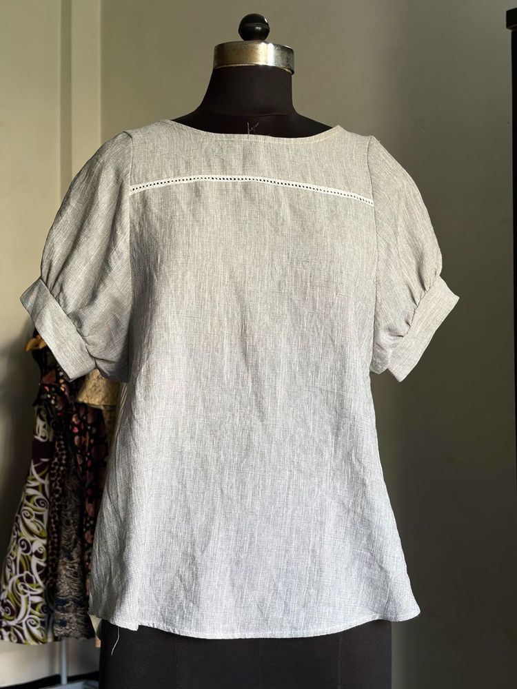 Gray Linen Blend Puff Sleeve Top