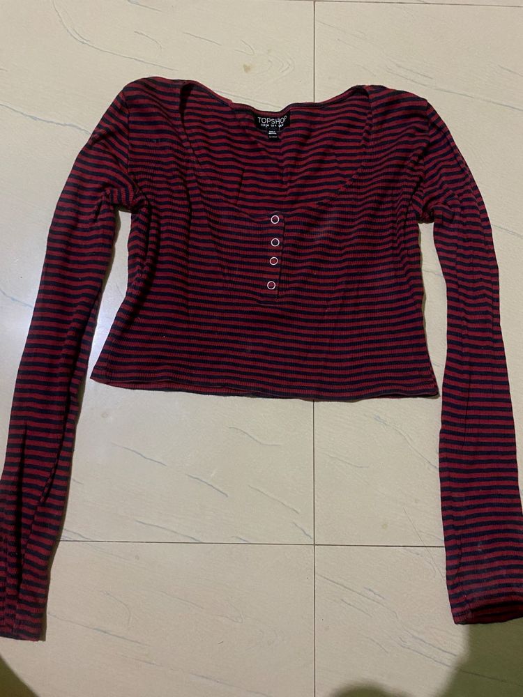 Topshop Red &amp; Black Striped Ribbed Crop Top