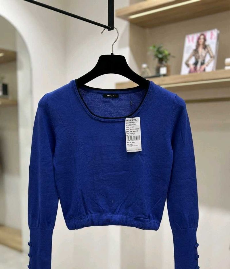 Blue Long Sleeve Knit Top with Button Detail