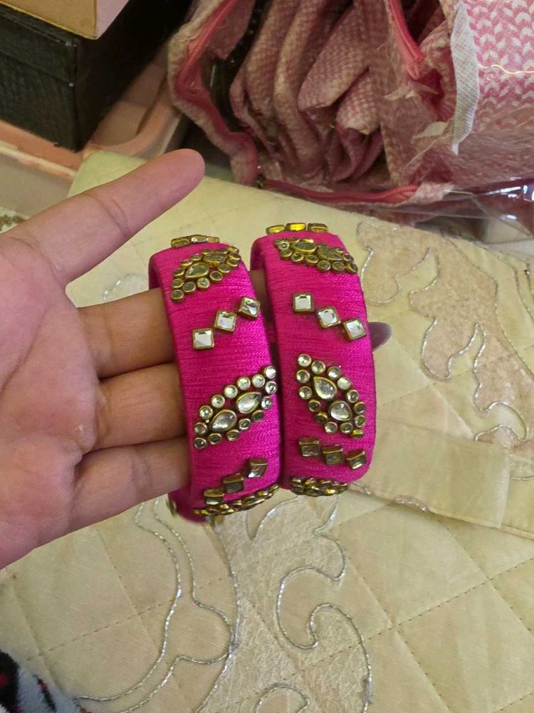 2 Vibrant Pink Silk Thread Bangles