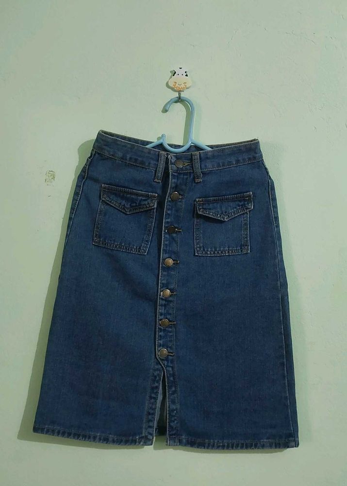 Blue Denim Button-Front Skirt