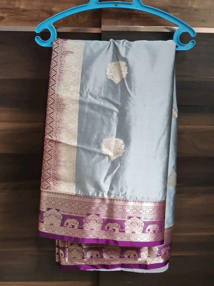 Elegant Grey Silk Saree with Purple Zari Border