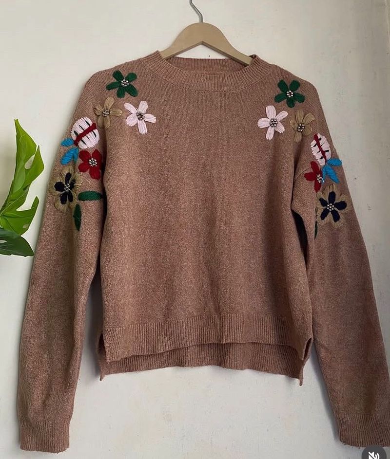 Brown Embroidered Floral Sweater