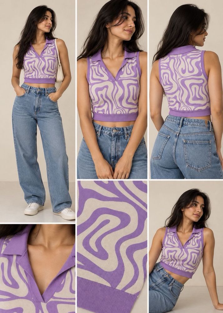 ZARA Purple &amp; Cream Abstract Print Sleeveless Top