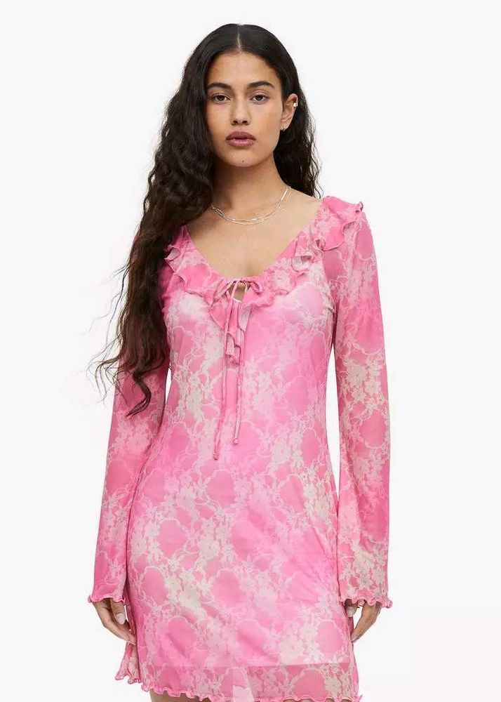Pink Floral Mesh Mini Dress