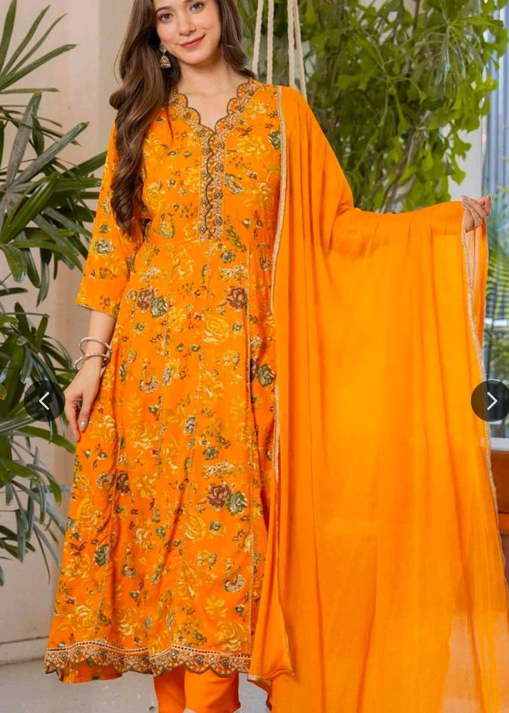 Vibrant Orange Floral Kurta Set with Dupatta