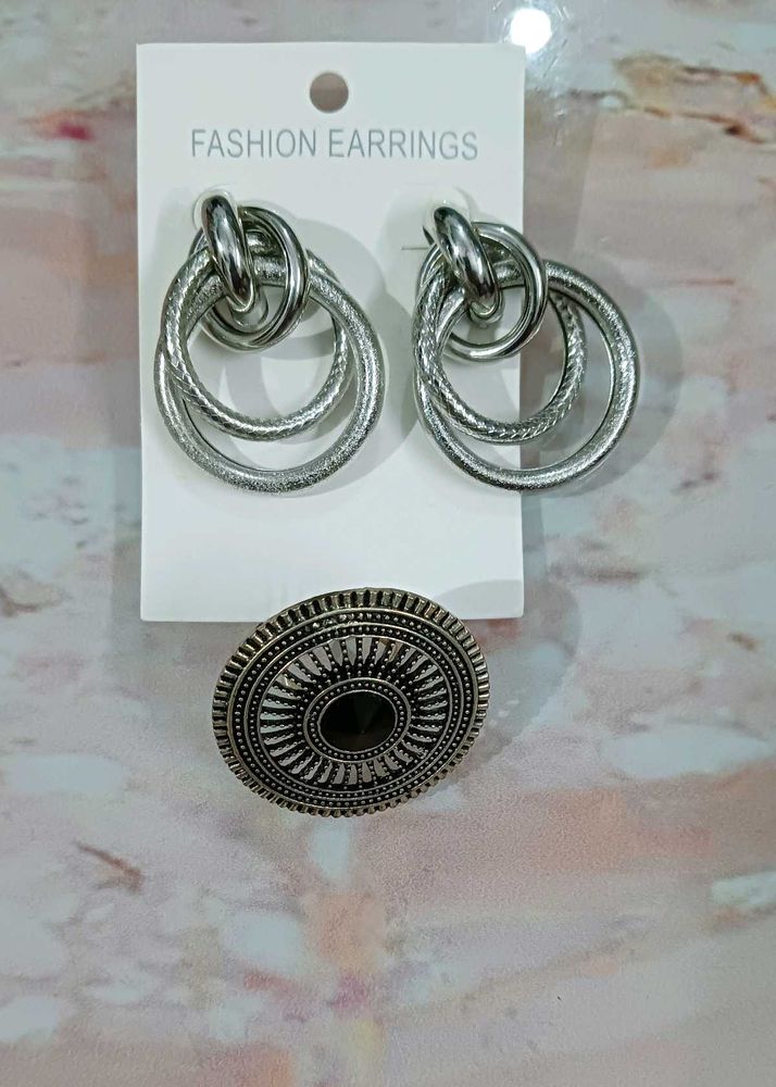 Chic Silver Hoop Earrings &amp; Statement Ring Set