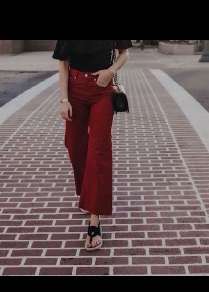 ZARA Free Delivery Red Denim Wide Leg cropped