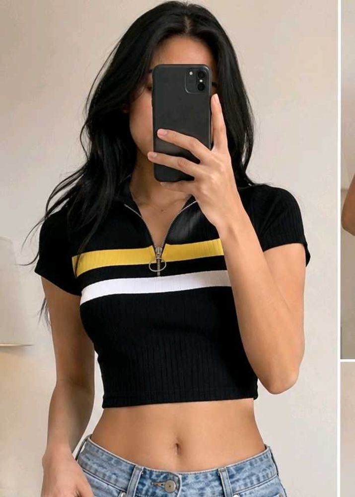 Black Ribbed Zip Up T-Shirt