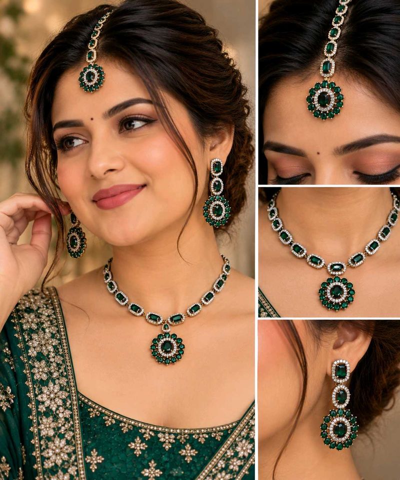 Emerald Green and Silver Necklace Set