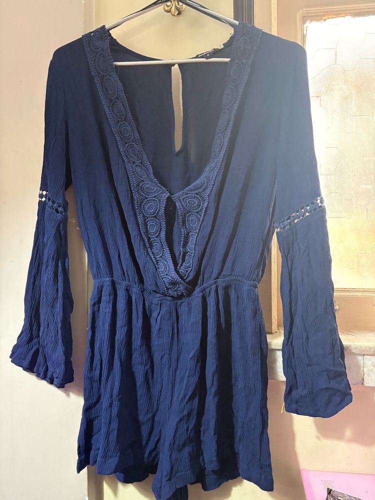Navy Blue Romper with Crochet Detail playsuit