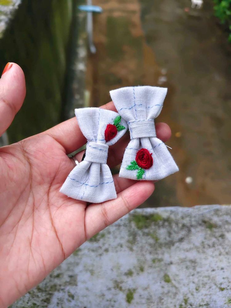 Handmade Embroidered Bow Hair Clips