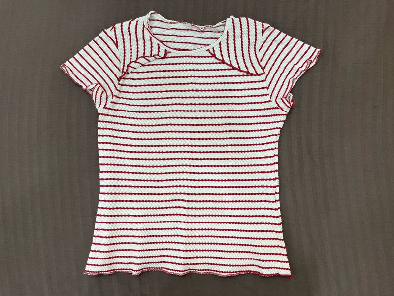 Red &amp; White Striped Ribbed Tee