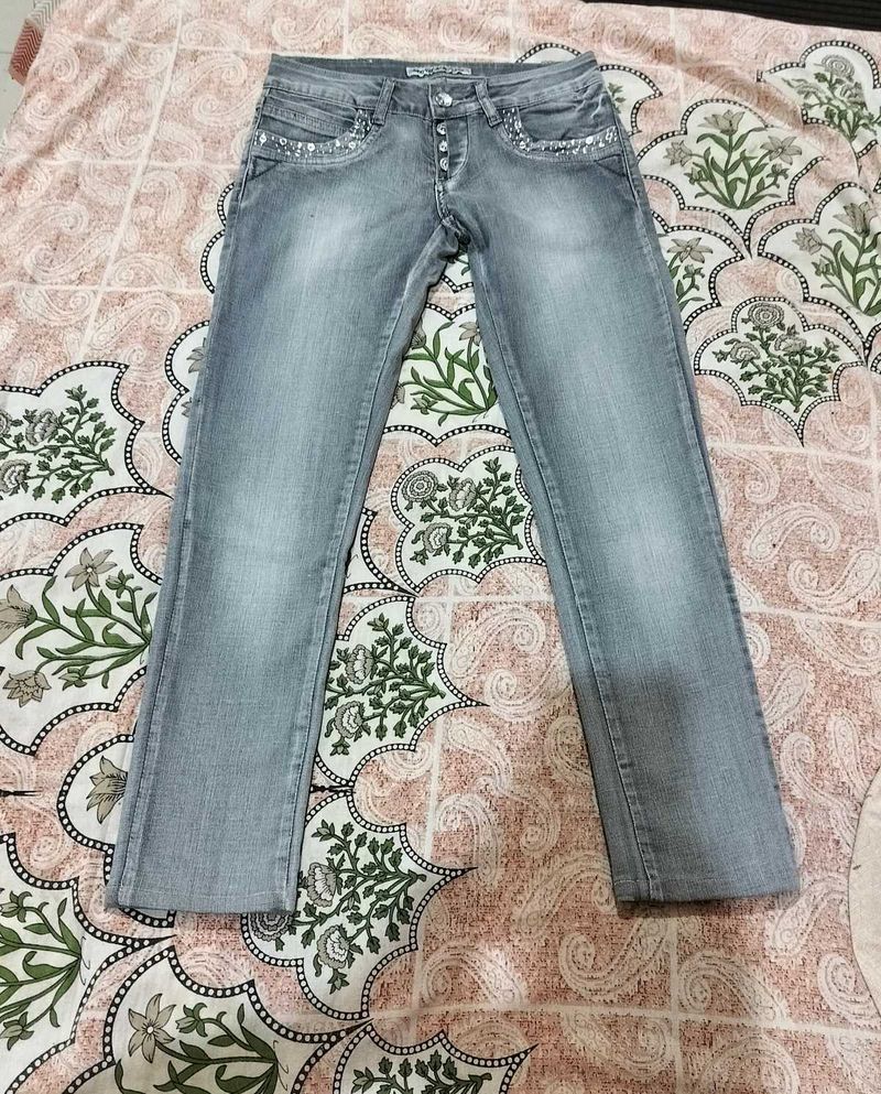 Stylish Grey Embellished Jeans