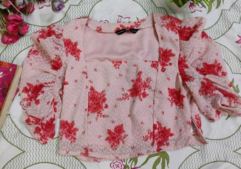Pink Floral Square Neck Top