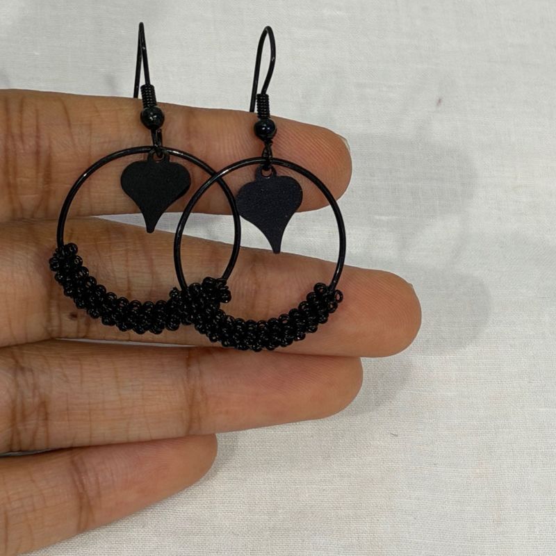 Black Hoop Earrings with Heart Charm