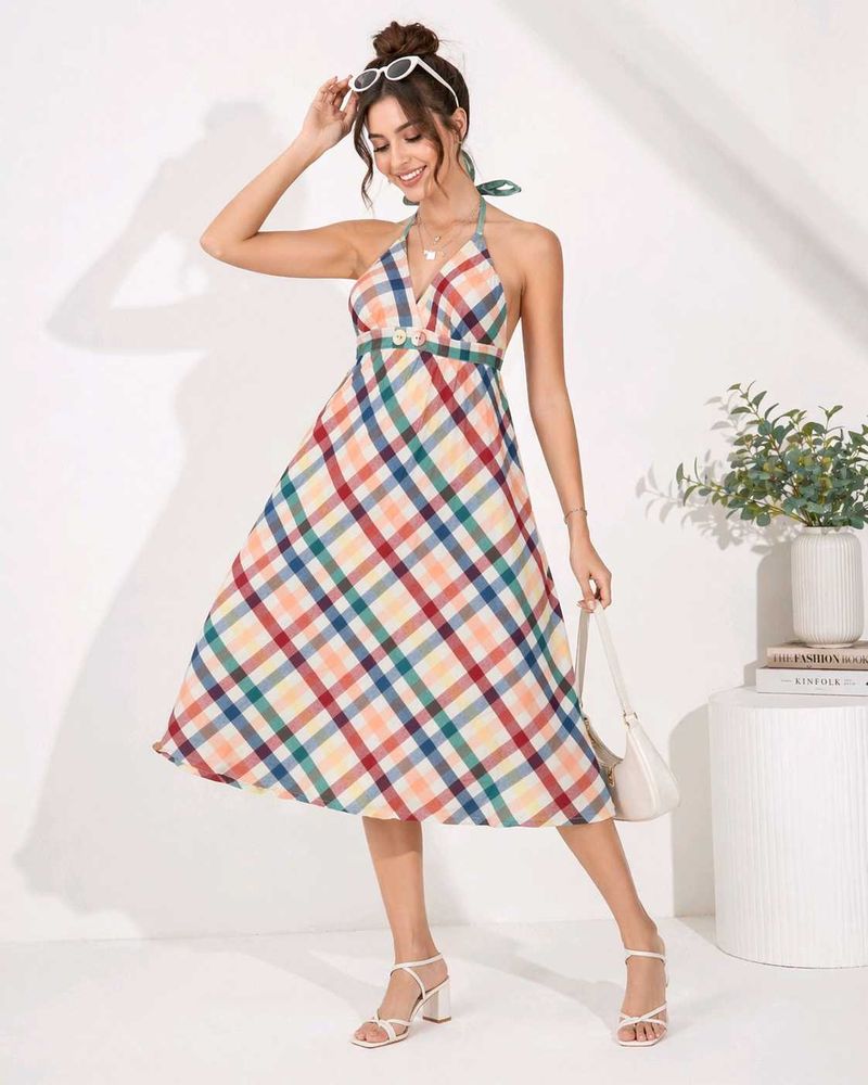 🌸 PROMOD Pastel Plaid Halter Dress – Chic 🌸