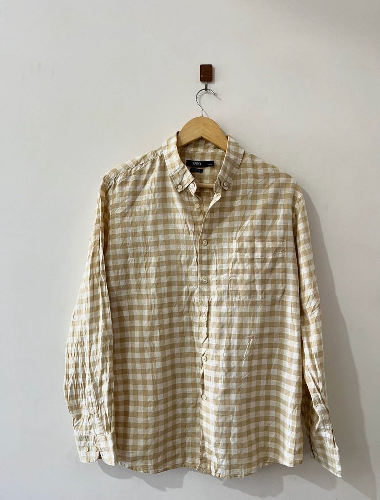 SPAO Men's Beige Gingham Button-Down Shirt