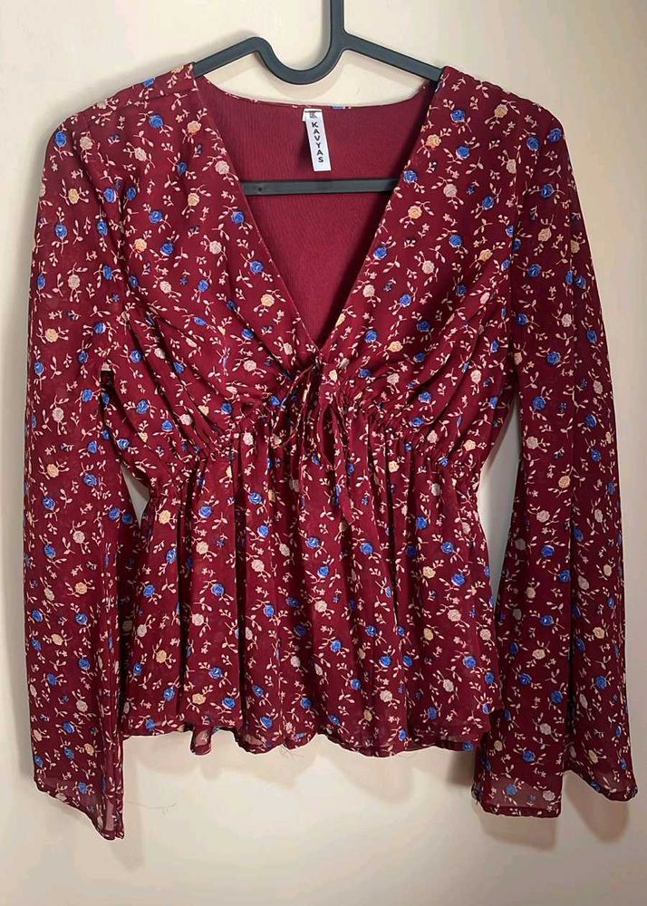 Maroon Floral Print Tie-Front Blouse