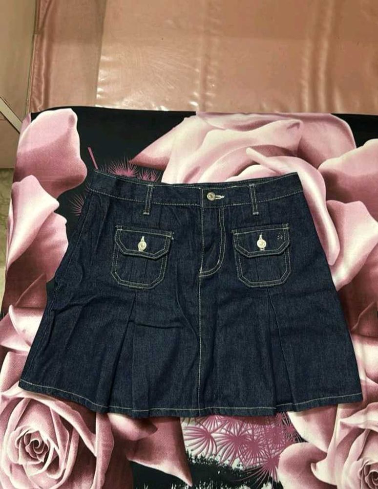 Dark Wash Denim Pleated Mini Skirt