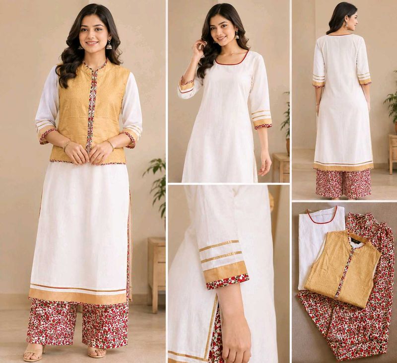 Women Cotton Rayon Kurta Palazzo Ethnic Jacket Set