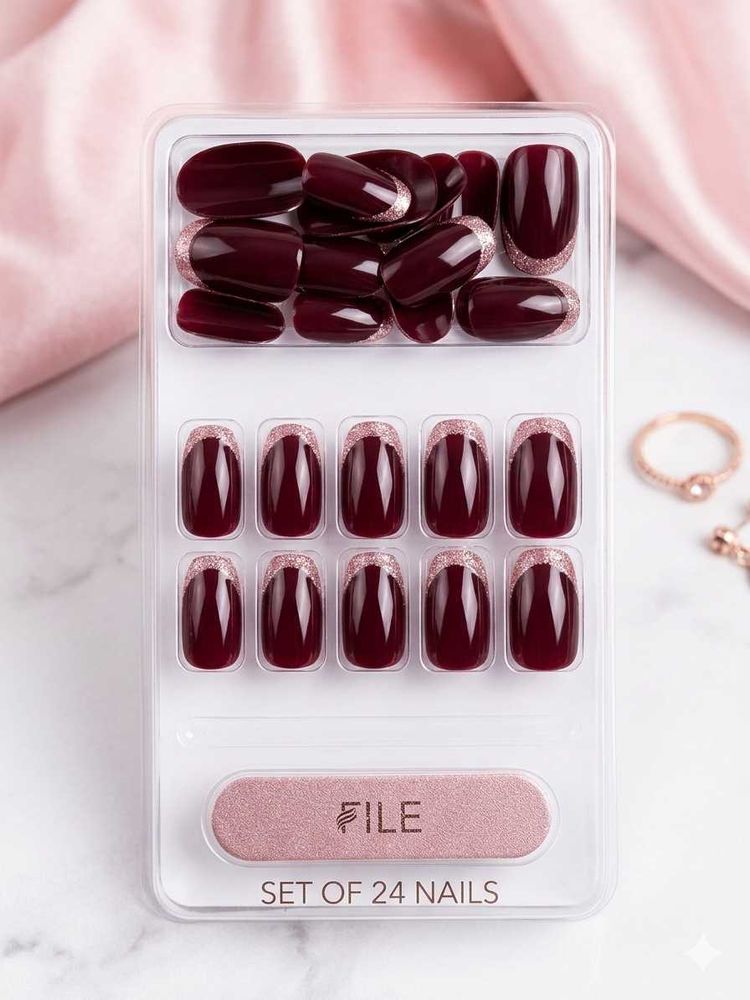 French Glitter Nails Maroon