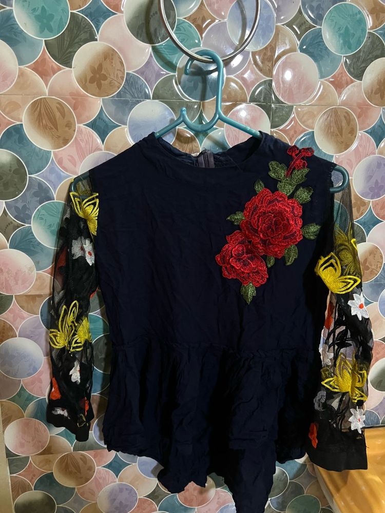 Embroidered Navy Blue Top