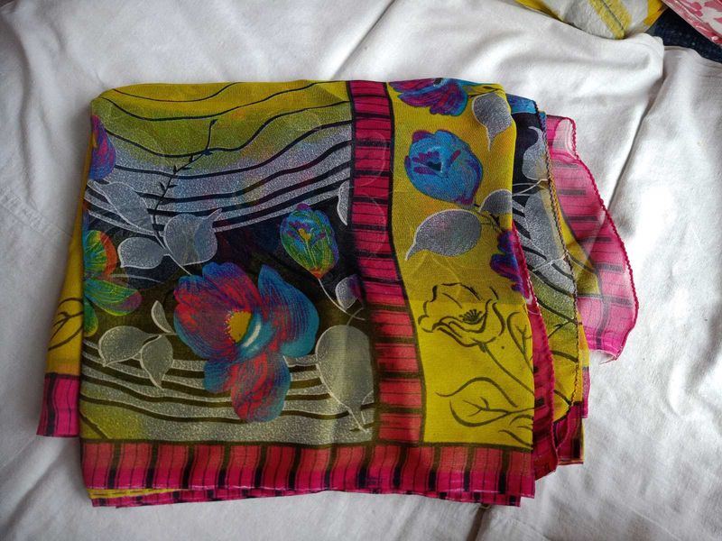 Vibrant Floral Print Chiffon Saree