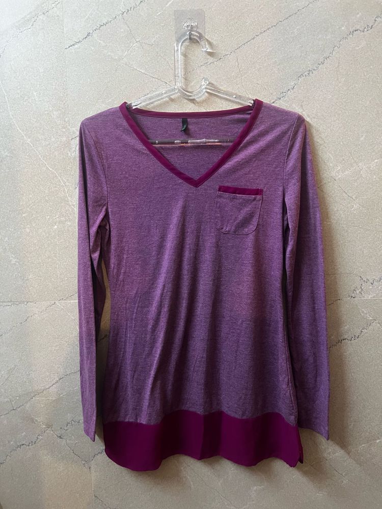 Purple V-Neck Long Sleeve Top with Pocket